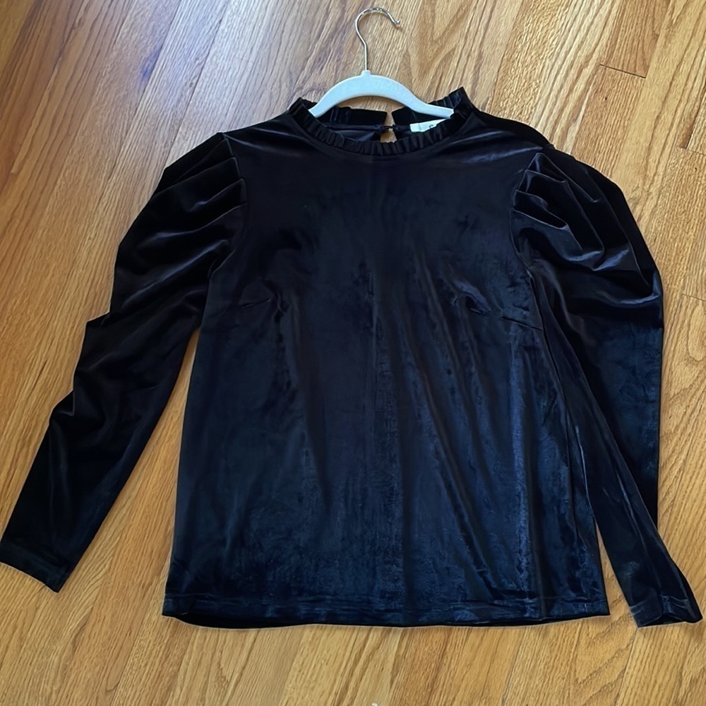 E.ssue Women Black Velvet Puff Sleeve Long Sleeve Stretch Top Shirt Blouse Sz S